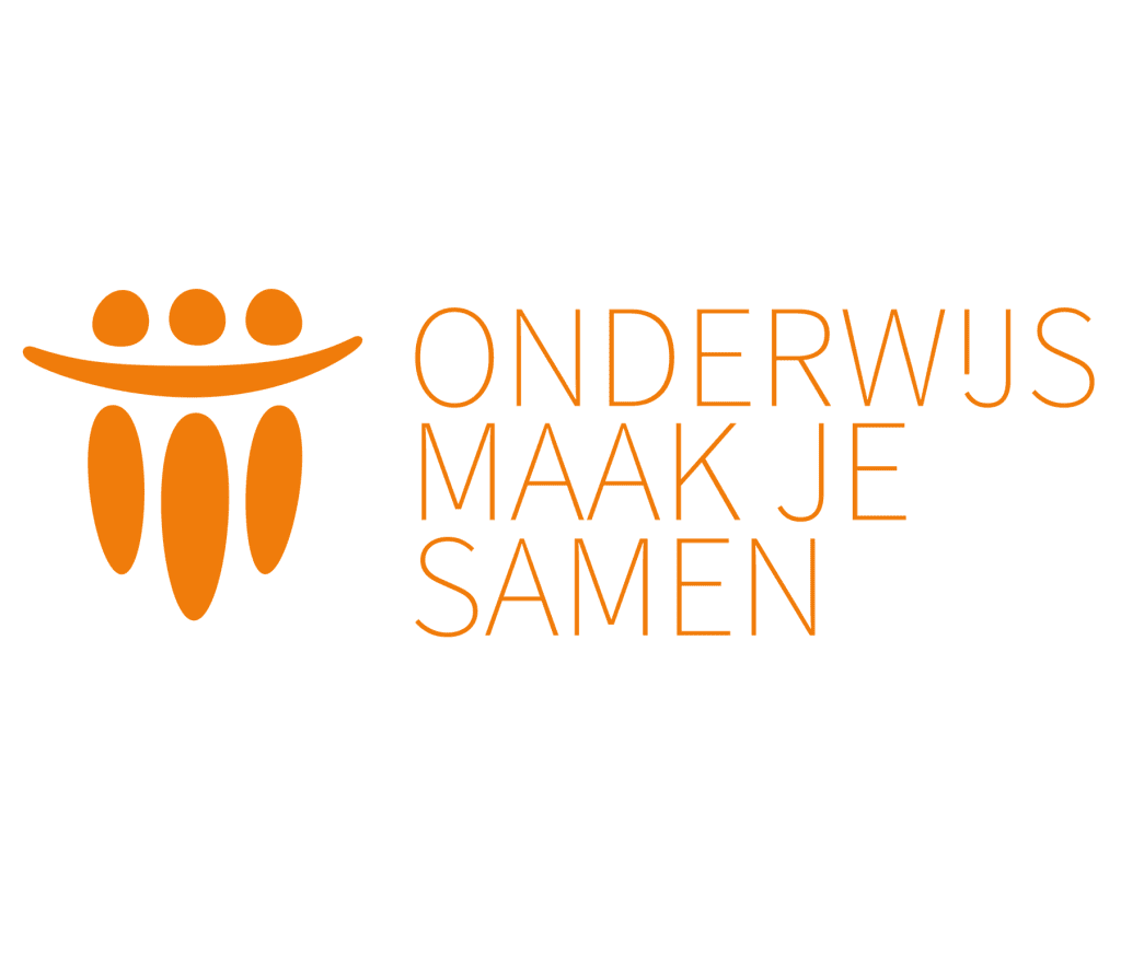 Logo van ONderwijs maak je samen: oranje symbolen die een groepje elkaar omarmende mensen lijkt te vormen. 