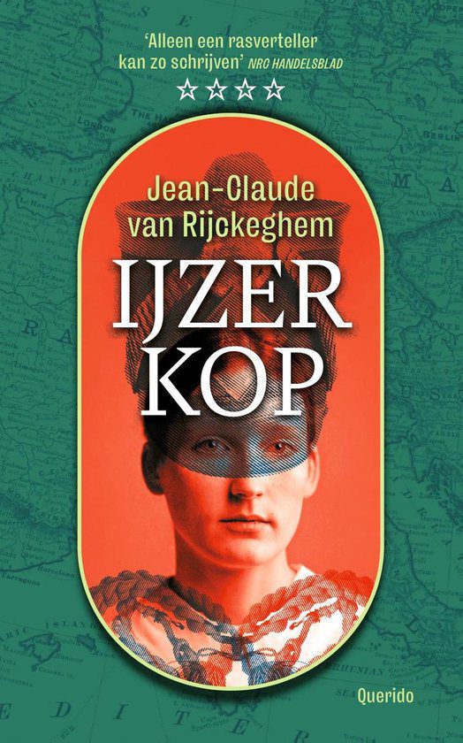 Kaft van het boek IJzerkop met een foto van een vrouw met negentiende-eeuws uiterlijk in roodtinten met daaroverheen de titel en auteur.