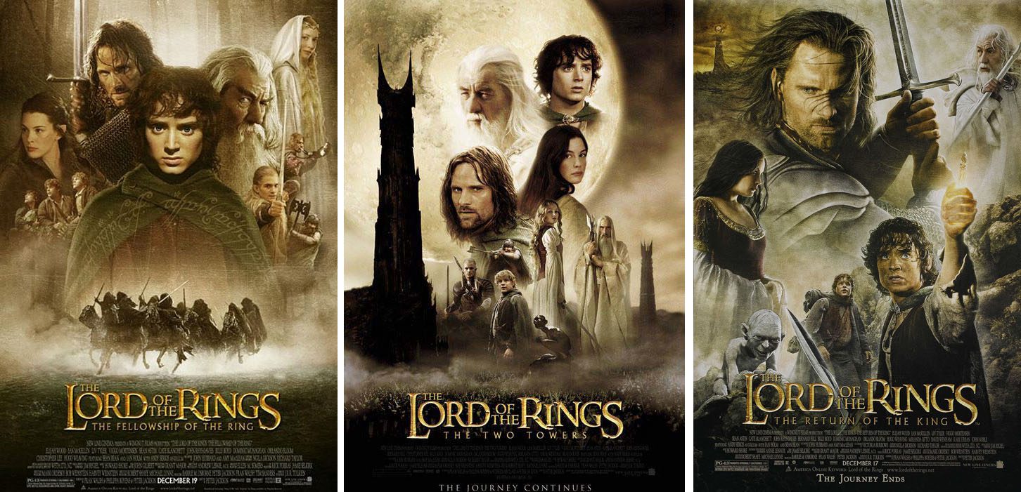 De drie filmposters van Lord of the Rings naast elkaar met de hoofden van de hoofdrolspelers tegen een fantasiewereld afgebeeld in bruintinten uitgevoerd.