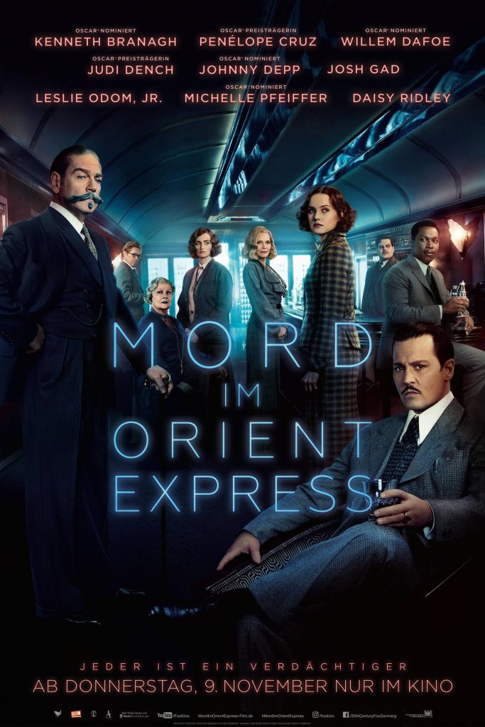 Poster van Murder on the Orient Express met de volledige cast zittend of staand in een treincoupee, uitgevoerd in blauwtinten.