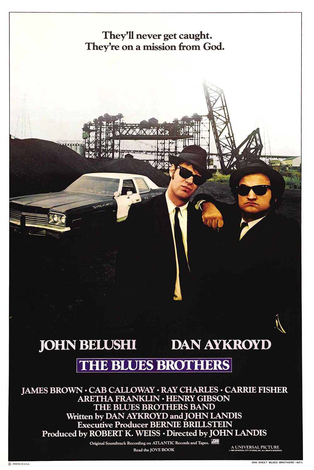 Poster van de film The Blues Brothers: twee mannen in zwart pak en zwarte gleufhoud met zonnebril voor een oude politieauto.