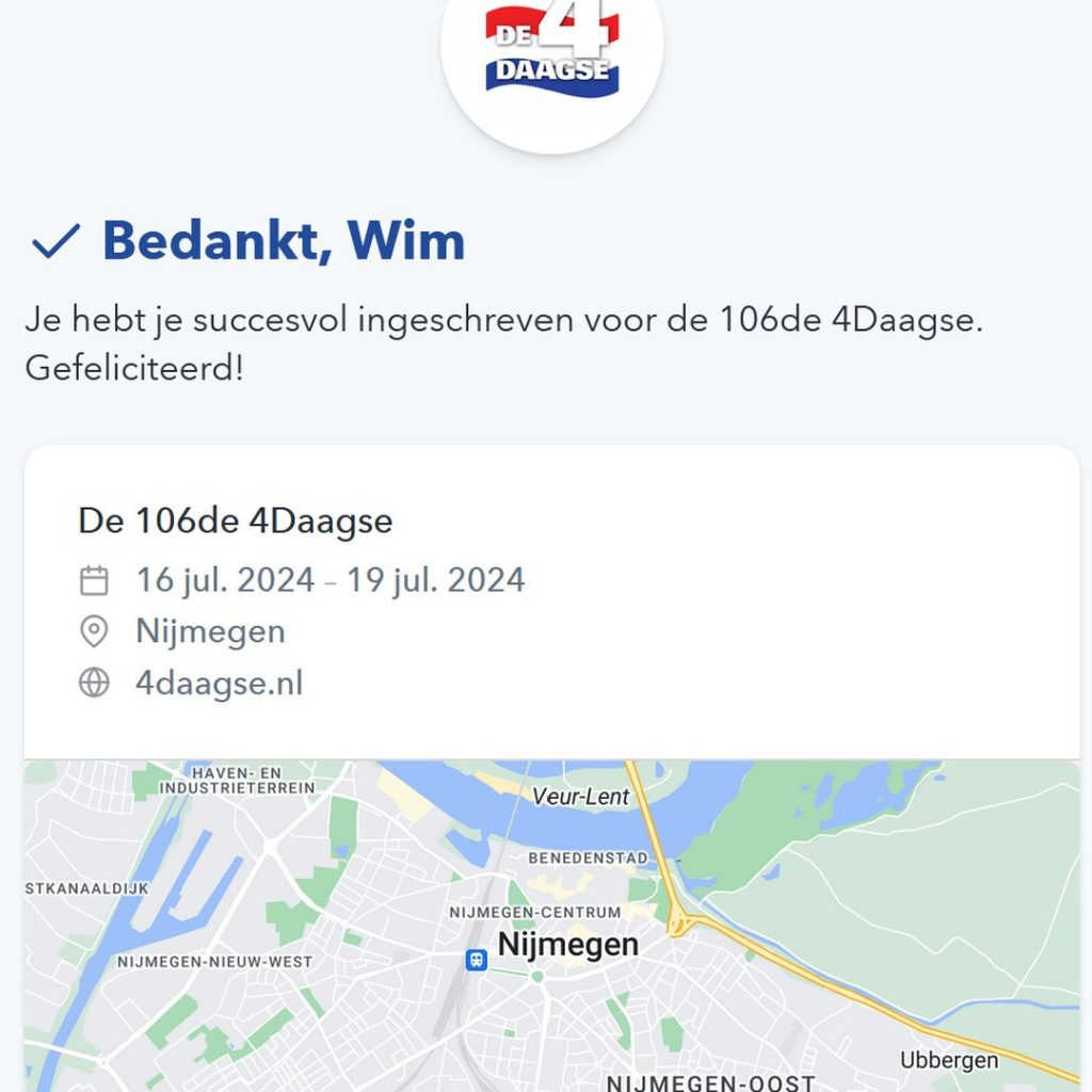 Een inschrijfbevestiging voor de Nijmeegse vierdaagse van 2024.