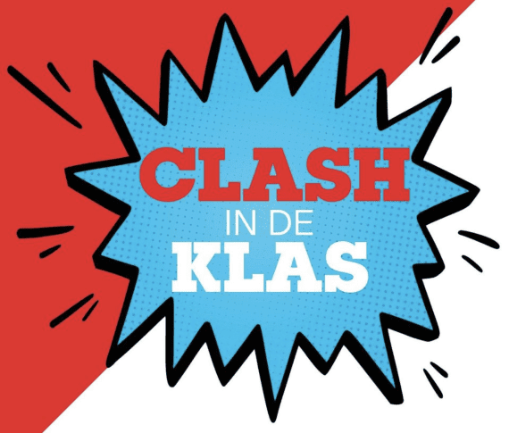 Logo van Clash in de klas: een blauw vlak met puntige zijkanten met daarin de titel, de achtergrond is diagonaal verdeeld in rood en wit.