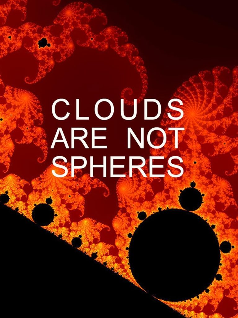 Poster van Clouds are not spheres met fractals. Het beeld lijk een zwarte helling met daarop zwarte bomen en daarboven wolken in rood, geel en oranje.