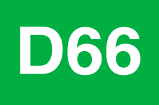 Logo van D66: groen vlak met witte letter D en de cijfers 6 6.