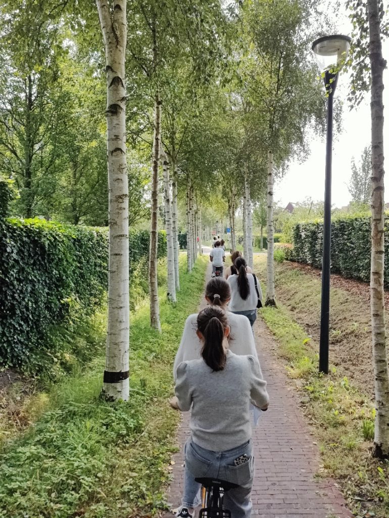 Een groep pubers op tandems fietst achter elkaar over een smal fietspad. Het is zomer, langs het pad staa groene bomen en groen hagen.