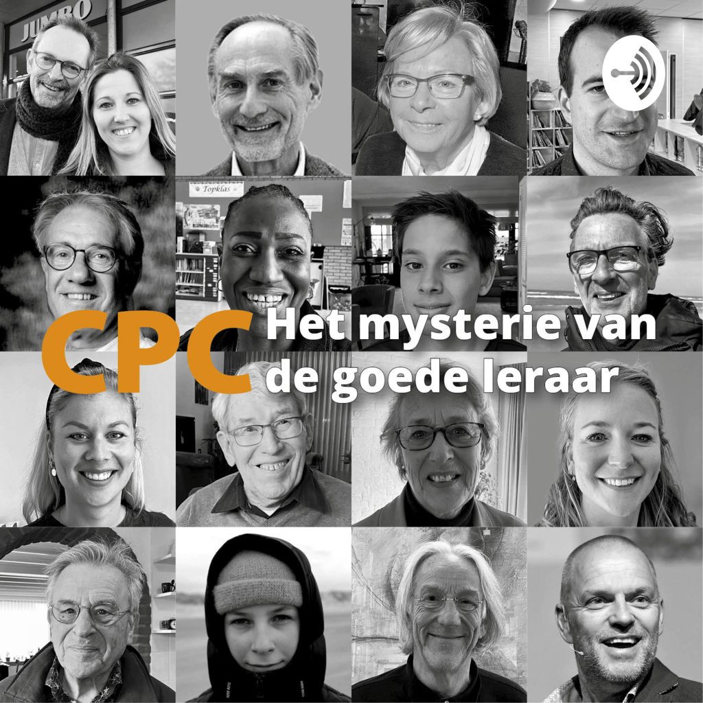 Cover van Het mysterie van de goede leraar: 16 zwart-witfoto's van geïnterviewden met ervoor de titel in wit. 