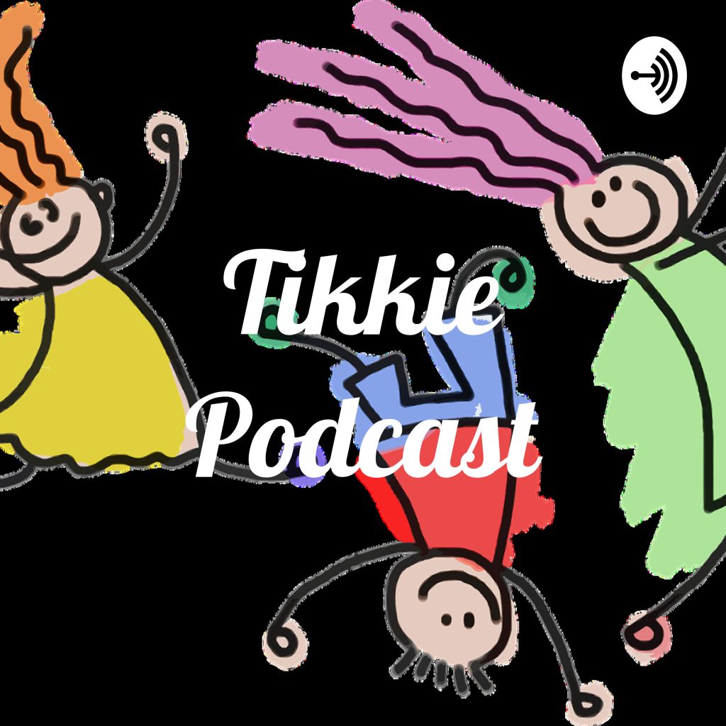 Logo van Tikkie Podcast: zwarte achtergrond en drie lachende poppetjes.