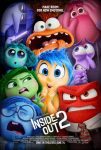 Poster van Inside Out 2: negen cartoonfiguren in vrolijke felle kleuren zitten in de posterranden gepropt. Elk met een eigen emotie, die het karakter typeert.